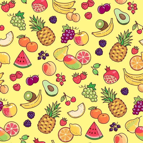 Cartoon Fruits Berries Yellow Background Seamless Pattern Textile Design — Stock Vector