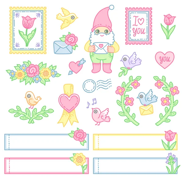 Set Cute Decorative Elements Characters Stickers Design Postal Envelopes Illistrations — Stock Vector