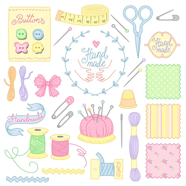Set Tools Objects Sewing Embroidery Handmade Cute Illistrations Cartoon Style — Stock Vector