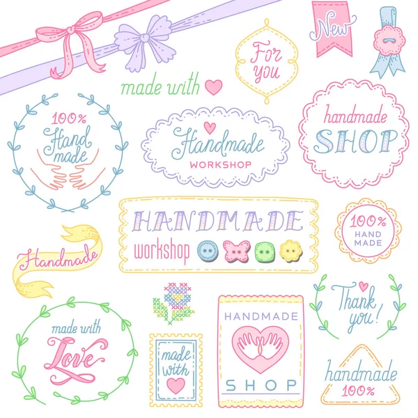 Set Labels Objects Promotion Handmade Cute Design Elements Isolated White — Stock Vector