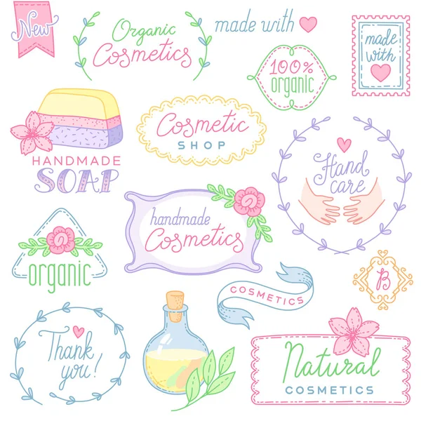 Set Labels Objects Handmade Cosmetics Cute Illistrations Cartoon Style Isolated — Stock Vector