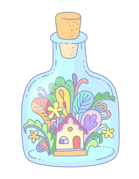 ガラス瓶の中の幻想的な植物と小さな家 漫画のスタイルの白い背景がある上に分離でイラスト — ストックベクタ