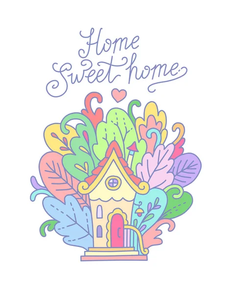 Una Piccola Casa Gialla Fantastiche Piante Fiori Colore Illustrazione Stile — Vettoriale Stock