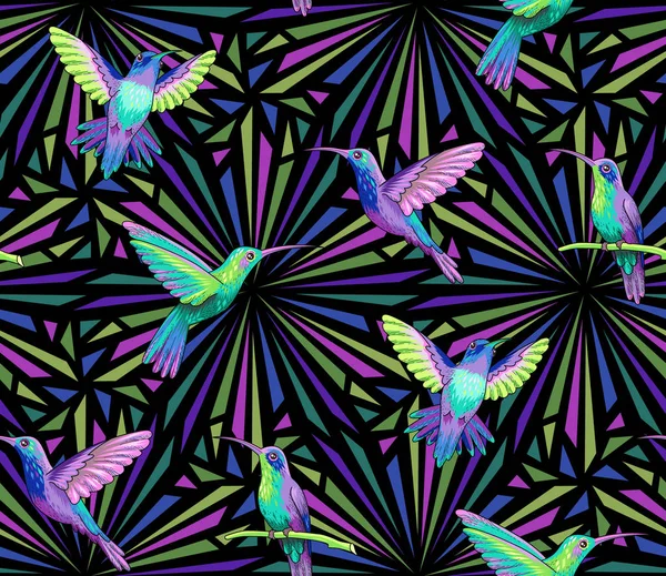 Colibríes Voladores Sobre Fondo Geométrico Abstracto Oscuro Patrón Sin Costura — Vector de stock