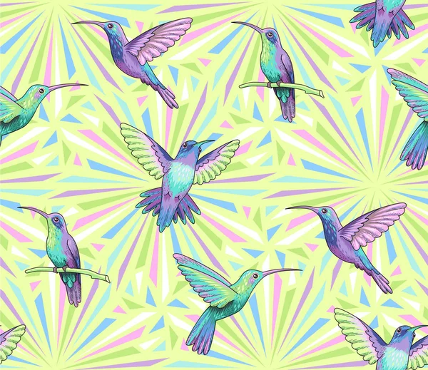 Colibríes Voladores Sobre Fondo Geométrico Abstracto Patrón Sin Costura Para — Vector de stock