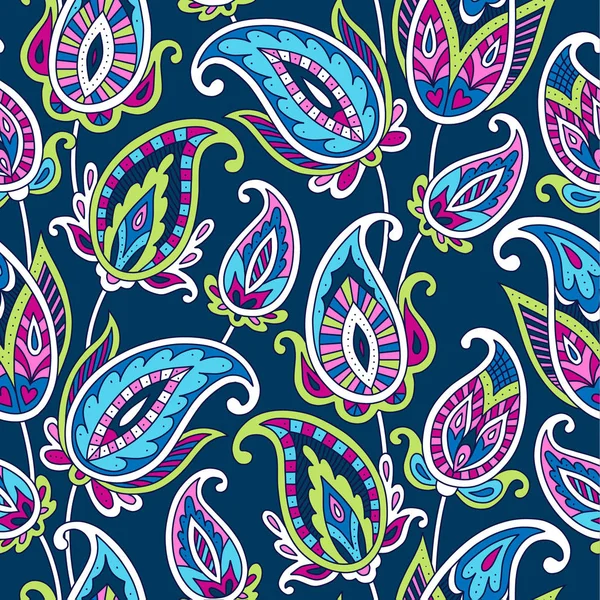 Indian Style Ornament Floral Paisleys Dark Blue Background Seamless Pattern — Stock Vector
