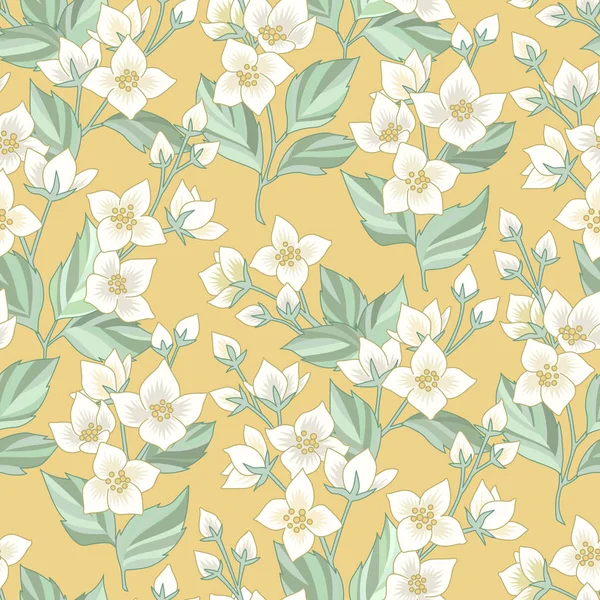 Patrón Floral Sin Costuras Con Jazmín Blanco Sobre Fondo Amarillo — Vector de stock