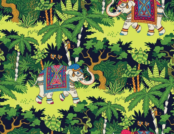 インド象は ジャングルの中を歩く伝統的なスタイルで装飾されています テキスタイルとデザインのシームレス パターン — ストックベクタ