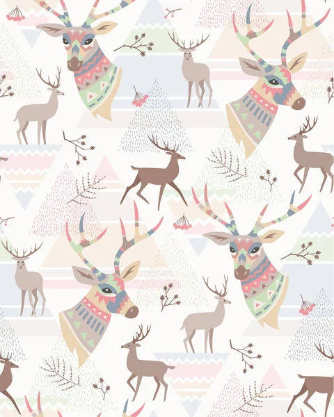 抽象的な幾何学的な背景に鹿と森の植物のシルエット 織物および設計の北欧スタイルでシームレスなパターン — ストックベクタ
