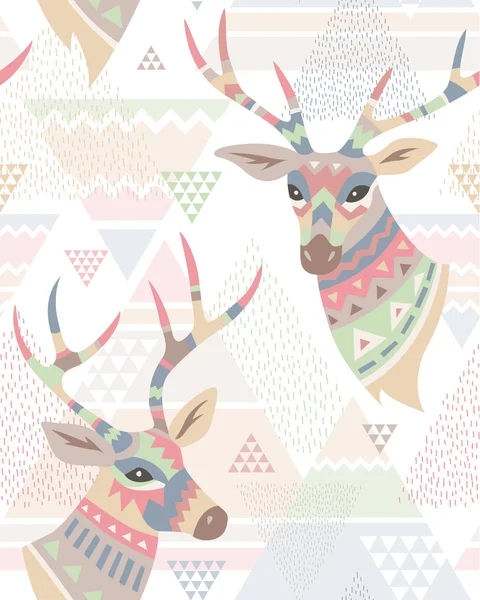 Heads Deers Decorated Ornament Abstract Geometric Background Seamless Pattern Scandinavian — Stock Vector