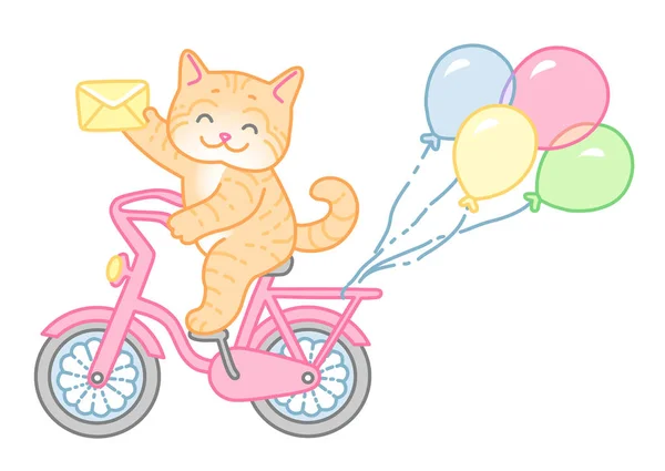 Happy Red Cat Rides Bike Baloons Holds Yellow Mail Envelope — Stock Vector