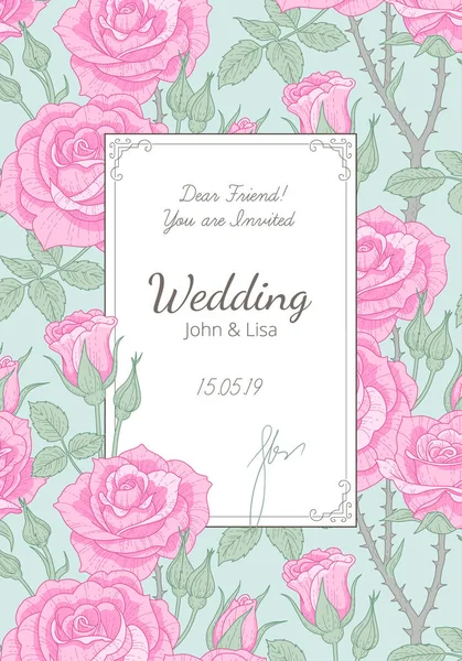 花飾りとビンテージ スタイルのフレーム 青い背景のバラの花のパターン 結婚式のデザインのエレガントなカードのテンプレート — ストックベクタ