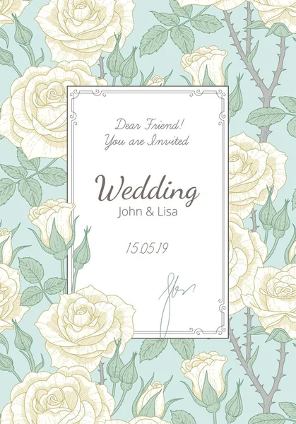 花飾りとビンテージ スタイルのフレーム 青色の背景に白いバラのパターン 結婚式のデザインのエレガントなカードのテンプレート — ストックベクタ