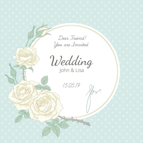 ビンテージ スタイルの結婚式の招待状 白い丸いラベル白バラの小枝飾られています 結婚式のデザインのエレガントなカードのテンプレート — ストックベクタ