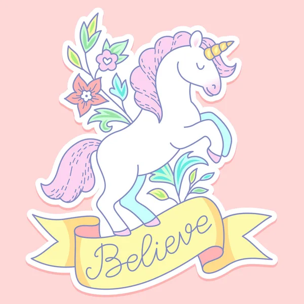 Licorne Blanche Branche Florale Sticker Avec Personnage Dessin Animé Mignon — Image vectorielle