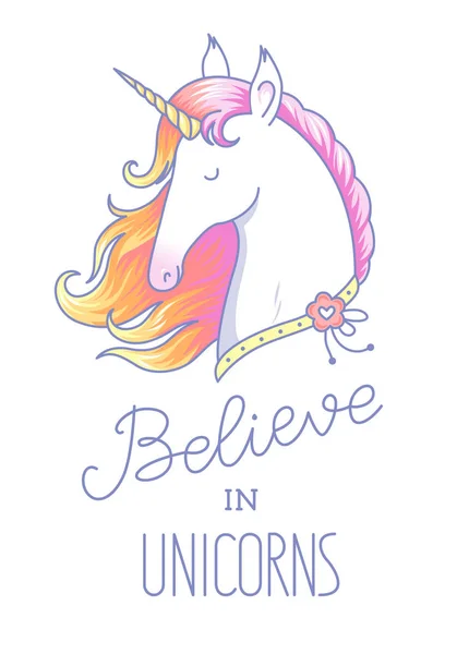 Cabeza Unicornio Blanco Con Melena Rosa Letras Creer Los Unicornios — Archivo Imágenes Vectoriales