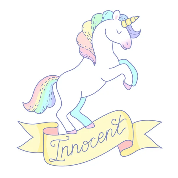 White Unicorn Rainbow Mane Stands Ribbon Lettering Innocent Cute Cartoon — Stock Vector