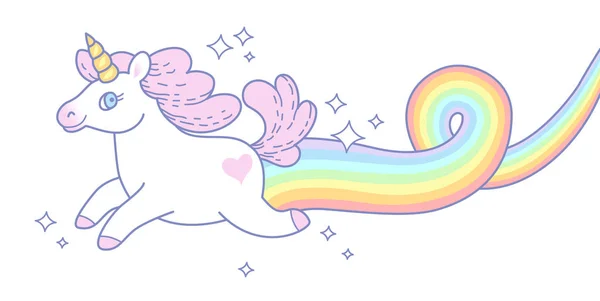 Unicornio Blanco Con Melena Rosa Corre Dejando Rastro Arco Iris — Archivo Imágenes Vectoriales