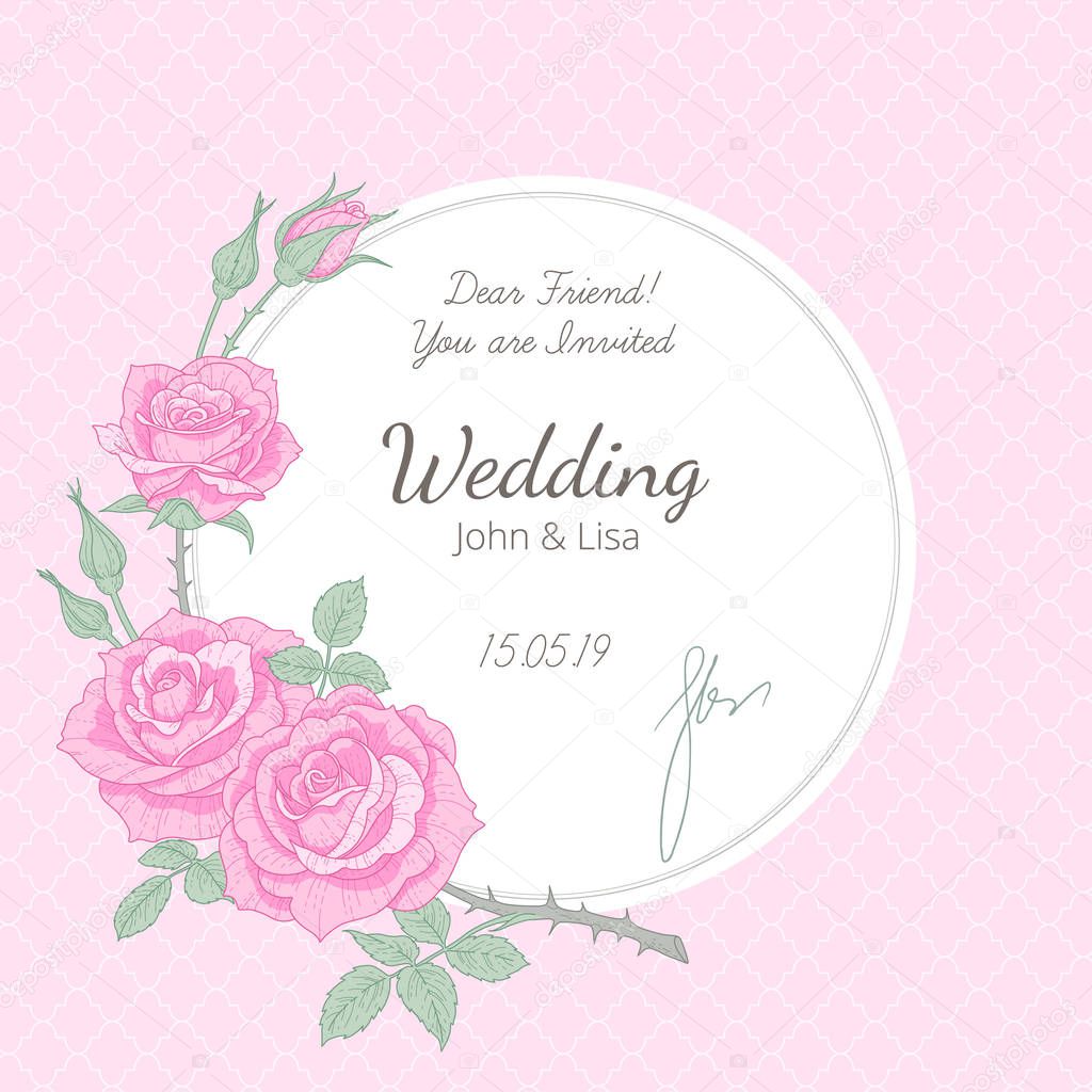 Wedding invitation at vintage style. White round label decorated with twig of pink rose. Template of elegant card for wedding design