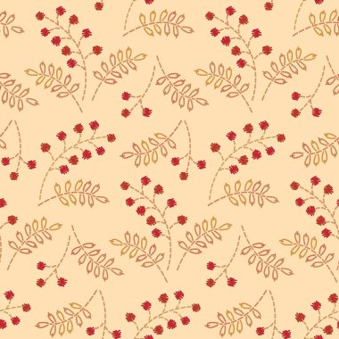 Bej renkli arka plan üzerinde kırmızı işlemeli meyveler. Tasarımınız için seamless modeli