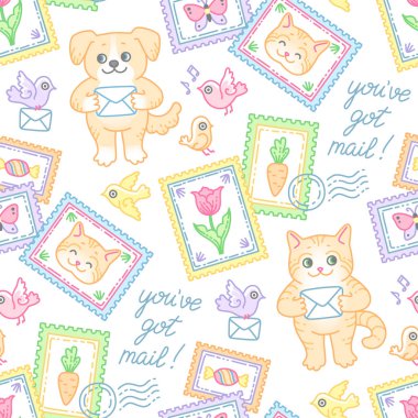 Şirin kedi, köpek, pullar, zarf ve küçük kuşlar. Karikatür tarzı tasarım ve dekorasyon posta öğesi için seamless modeli