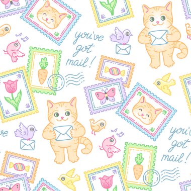 Şirin kedi, pullar, zarf ve kuşlar. Karikatür tarzı tasarım ve dekorasyon posta öğesi için seamless modeli