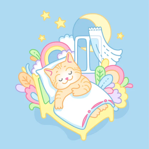 红猫甜甜的睡眠和做梦 漂亮的海报与卡通的特点 为儿童的卧室 — 图库矢量图片