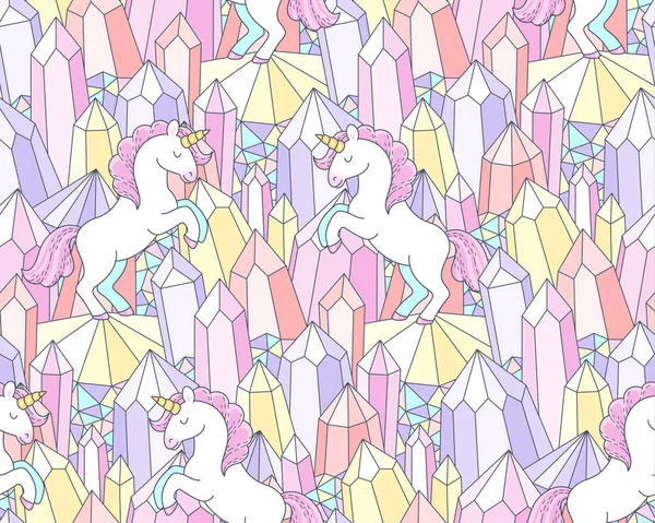 Witte Eenhoorns Multicolor Kristallen Schattig Naadloze Patroon Voor Design Textiel — Stockvector