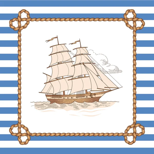 Segelschiff Seilrahmen Auf Gestreiftem Hintergrund Vintage Stil Illustration Für Marine — Stockvektor