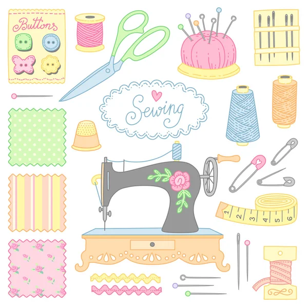 Vector Illustration Set Colorful Various Sewing Equipment Isolated White Background — Stock Vector