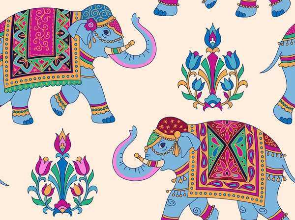 Decorazione Stile Indiano Con Elefanti Blu Elementi Floreali Sfondo Chiaro — Vettoriale Stock