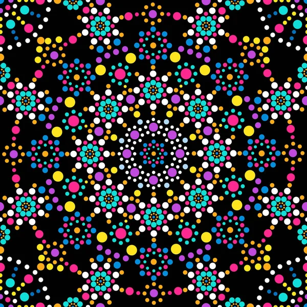 Mandala Colored Dots Black Background Abstract Seamless Patter — Stock Vector