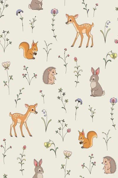 森の動物 植物および花を漫画します あなたのデザインと装飾のかわいいのシームレス パターン — ストックベクタ