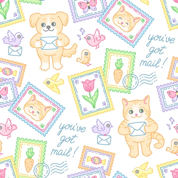 Schattige Kat Hond Postzegels Enveloppen Kleine Vogels Naadloze Patroon Cartoon — Stockvector