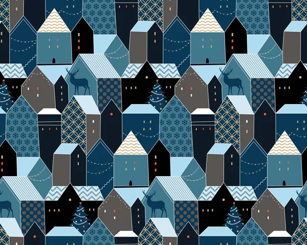 Maisons Campagne Européennes Nuit Noël Mignon Motif Sans Couture Pour — Image vectorielle