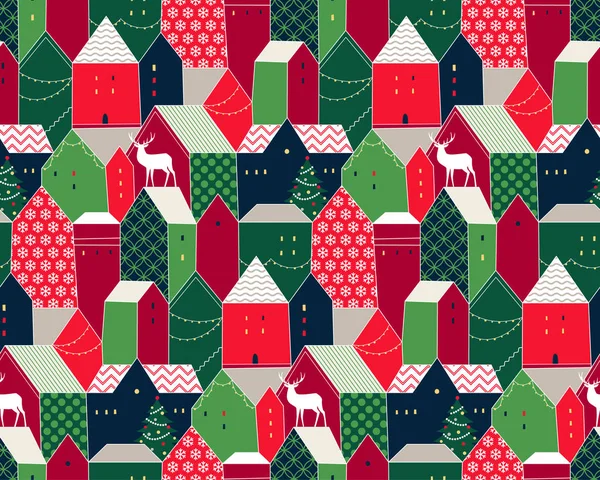 European Country Houses Chrismas Holidays Cute Seamless Pattern Your Design — Stock Vector