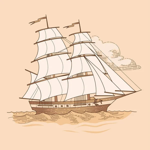 Sailing Ship Vintage Style Vector Illustration Beige Backgroun — Stock Vector