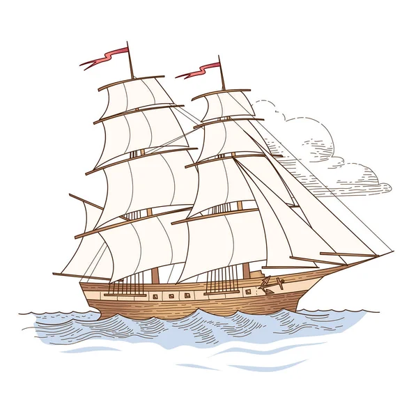 Sailing Ship Vintage Style Vector Illustration Isolated White Backgroun — Stock Vector