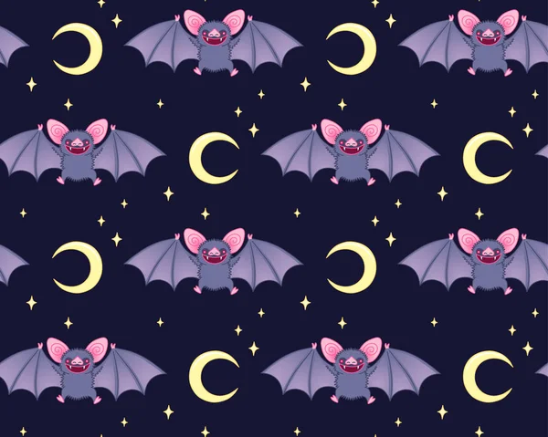 Morcegos Giros Céu Noturno Padrão Sem Costura Para Halloween — Vetor de Stock