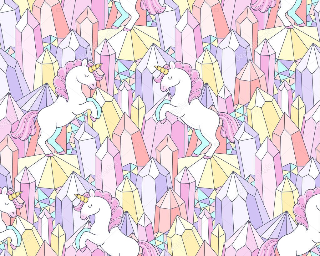 White unicorns and multicolor crystals. Cute seamless pattern for design and textile