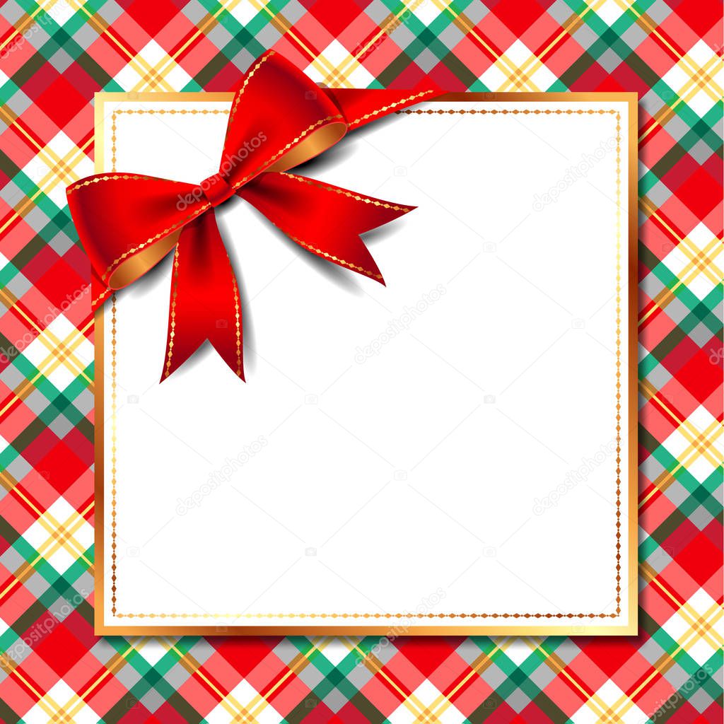 Template of elegant Christmas invitation card with red bow and golden frame on checkered backgroun