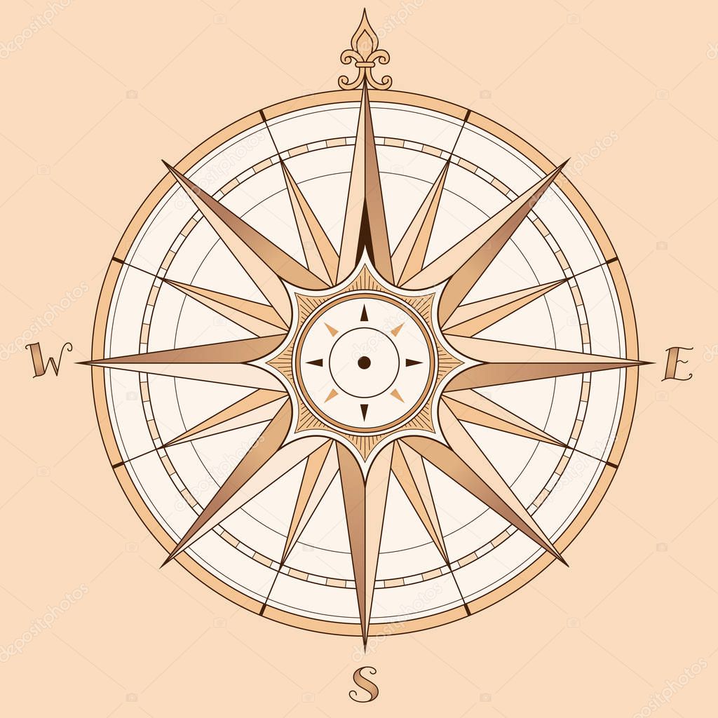 Sea compass at vintage style. Vector illustration on beige backgroun