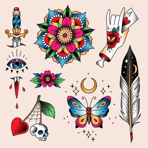 Tattoo set symbolen — Stockvector