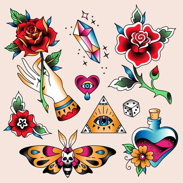 Tatuaje conjunto romántico — Vector de stock