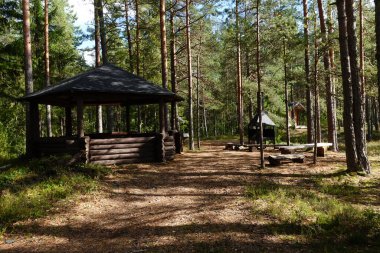 Bir barınak ve dinlenme şöminesi içeren yürüyüş yolu üzerinde rahat bir kamp yeri, atmosferik.