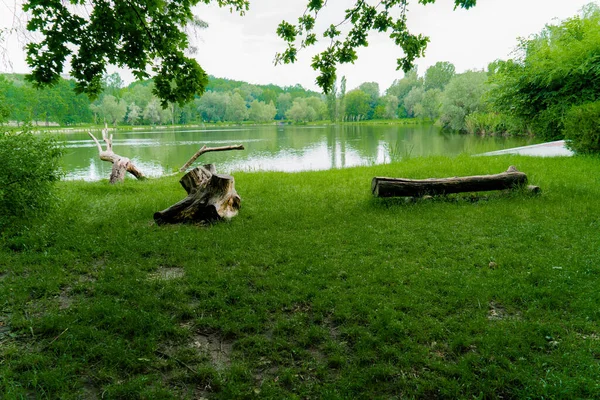 Turquoise water lake and green hills forest. Old trees in a hill lake. Beautiful hill forest wit lake deep blue wit. The movement of the camera on the gimbal. Fairytale Forest Trails