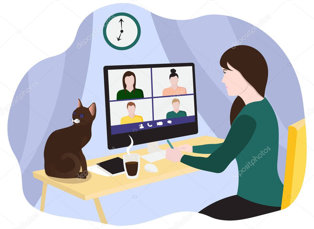 video conference meeting, vector illustrations, group, chat, talking, work at home, cat on table