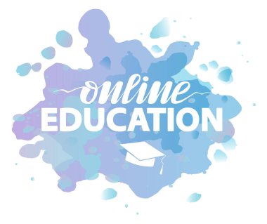 Online eğitim harf dizaynı; mavi suluboya sıçraması; el yazısı yazı tipi, uzaktan çalışma veya öğrenim kavramı