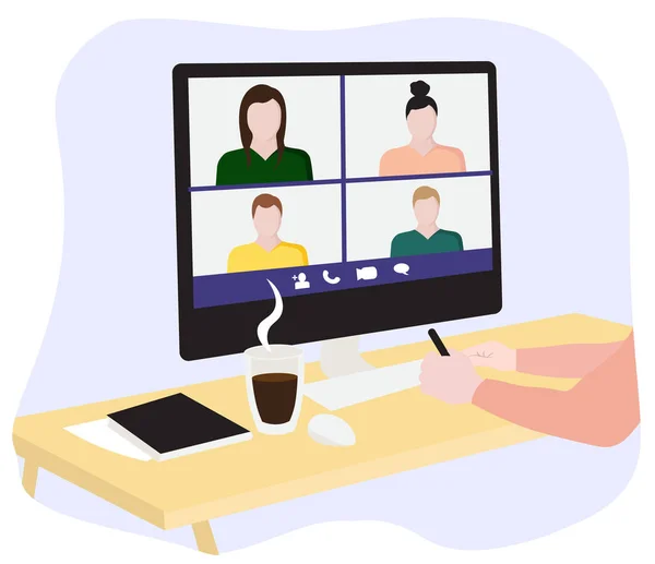 Videovergadering Vectorillustraties Groep Chat Praten Thuiswerk — Stockvector