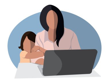 Anne evde dizüstü bilgisayar ve bebek kucağıyla çalışıyor. İnternet ya da baskı için resim. Web sitesi için. çocuklu anne